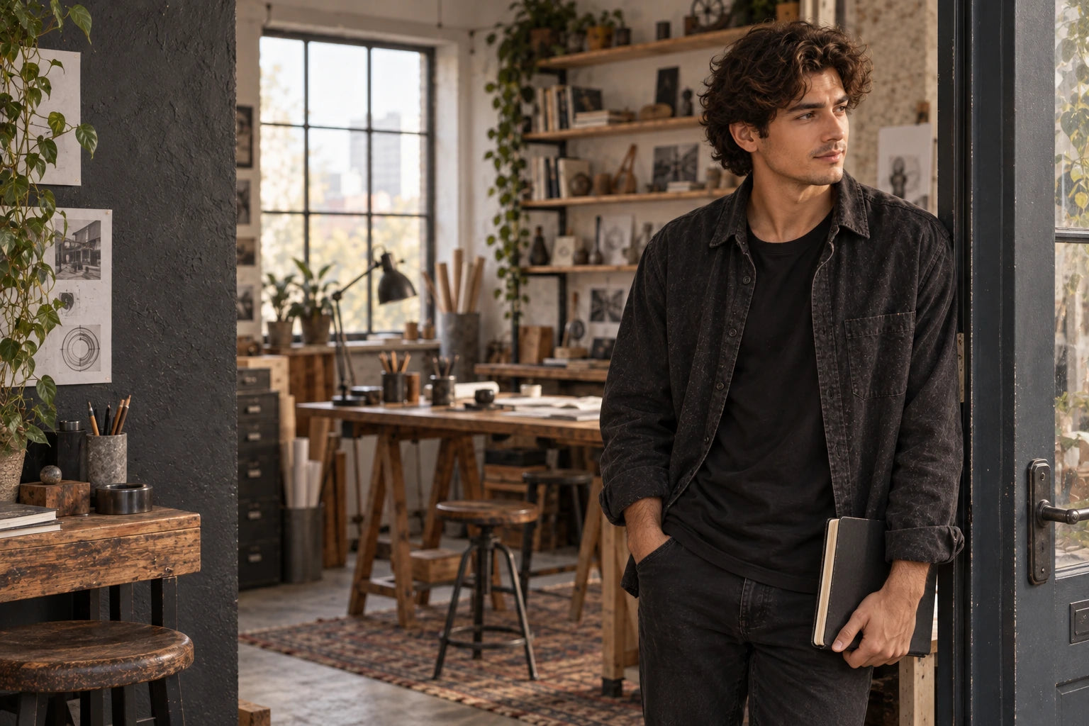 The designer welcoming a visitor at the doorway of his studio