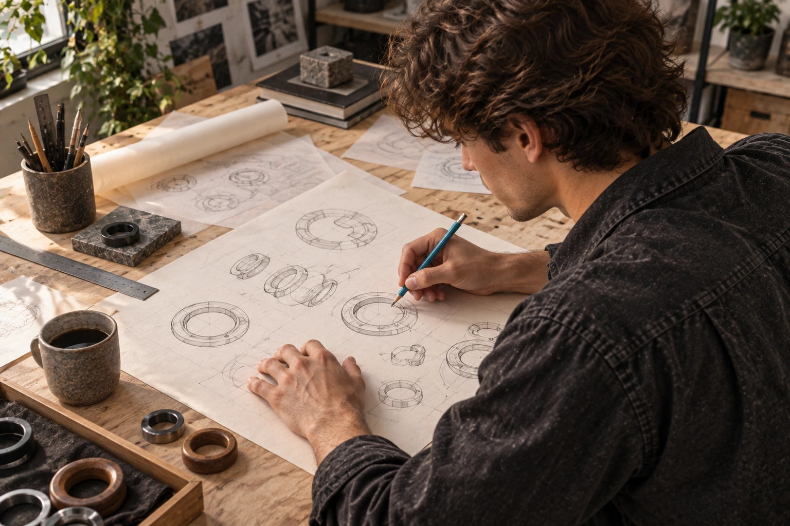An over-the-shoulder view of the designer exploring shapes on tracing paper
