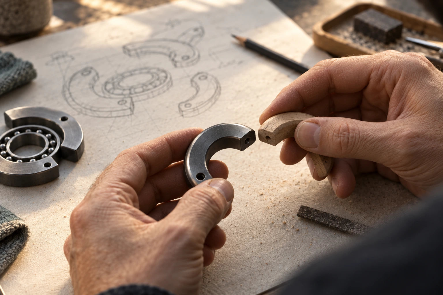 Hands comparing the edge of a wooden study with a metal component