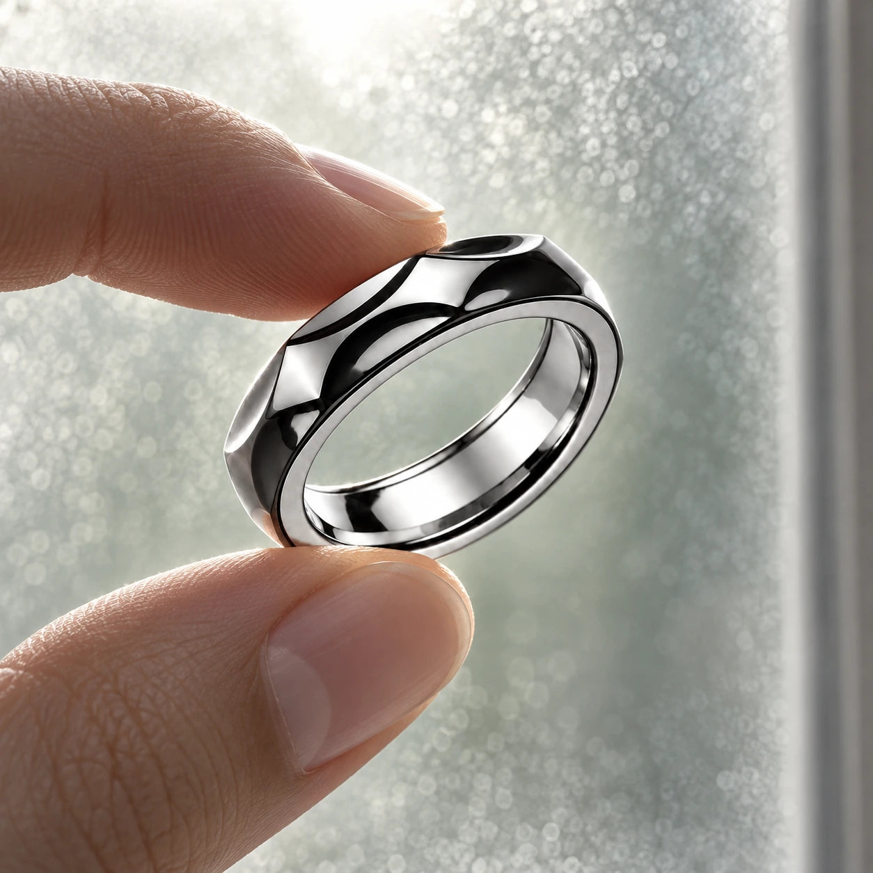 The faceted ring held gently against soft window light