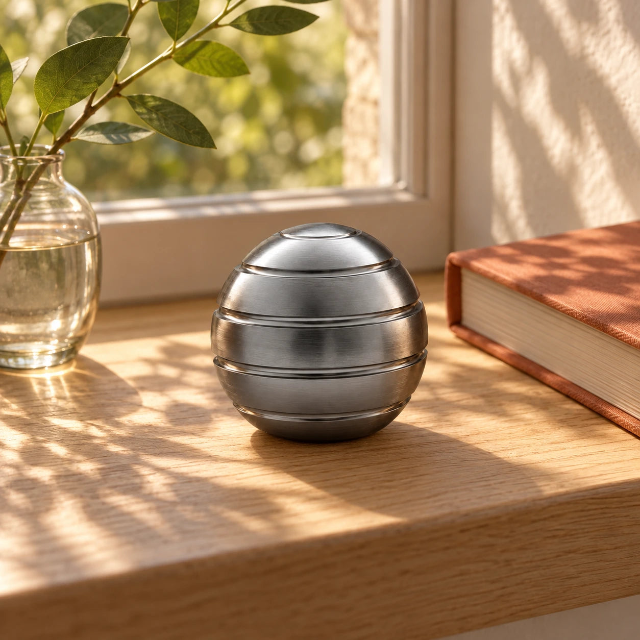 The spiral desk object on a bright windowsill beside a book