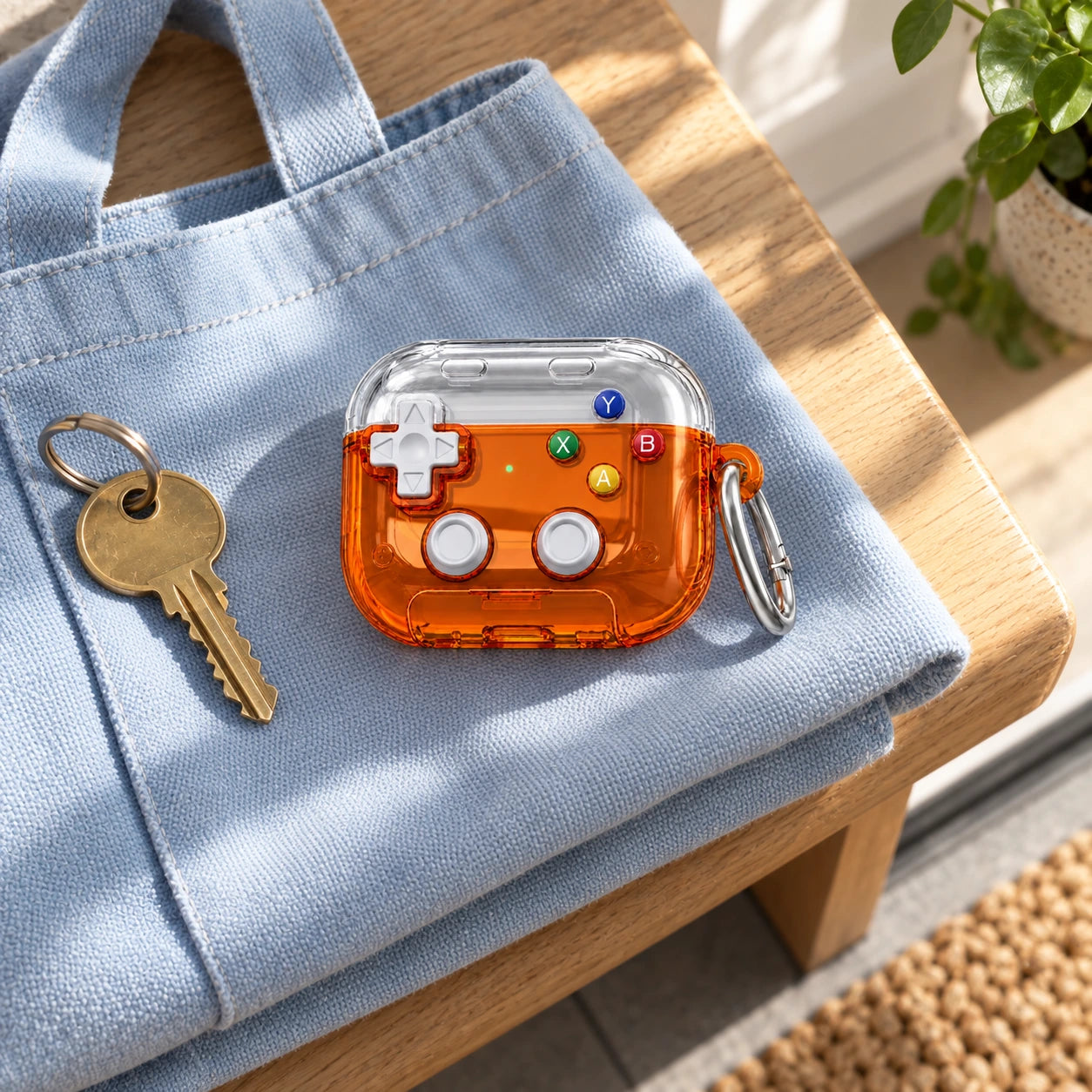 The orange arcade-inspired earbud case on a pale blue tote