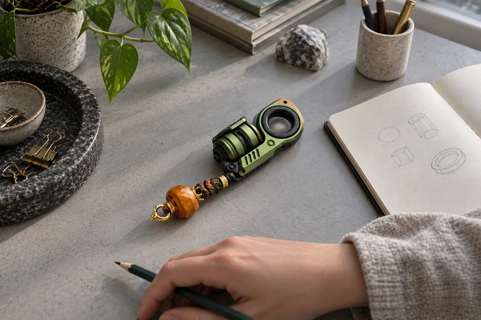 A favourite green mechanical object beside an open notebook on a pale desk