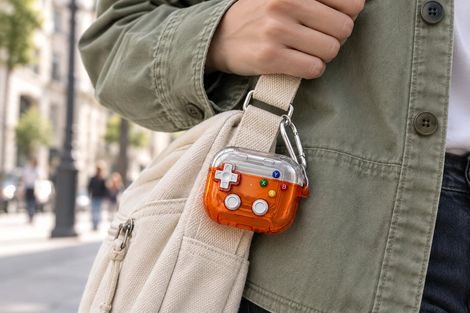 The orange earbud case carried on a cream bag against a sage jacket
