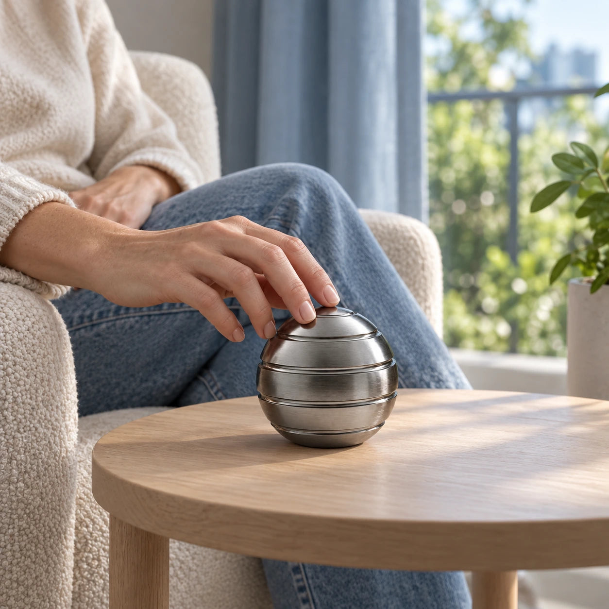 A relaxed hand enjoying the spiral desk object beside an armchair