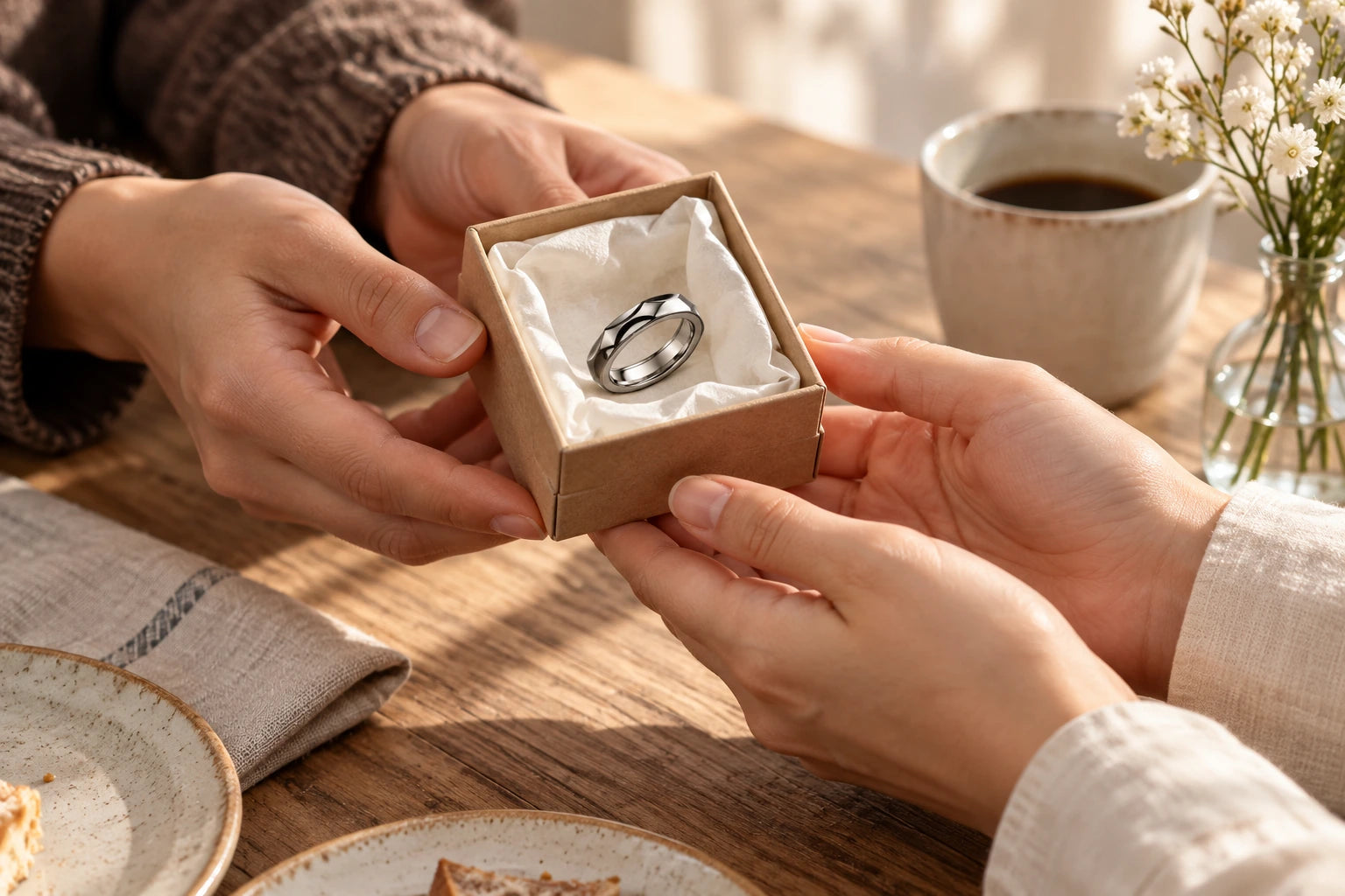 A faceted ring offered to a friend in a simple gift box