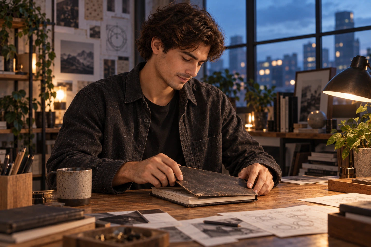 The designer closing his sketchbook in the studio at blue hour